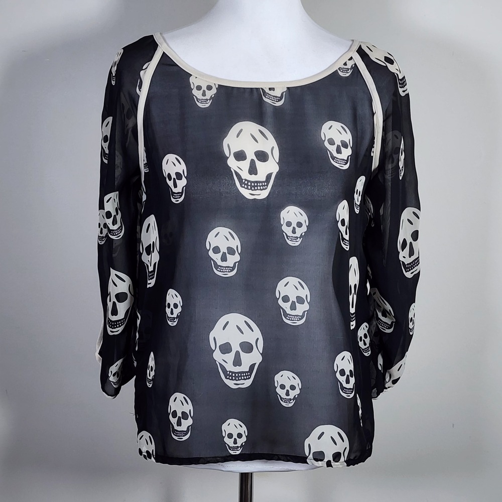 Sheer Skull Print Blouse Womens M Black White Goth Edgy Alt Witchy Whimsigoth